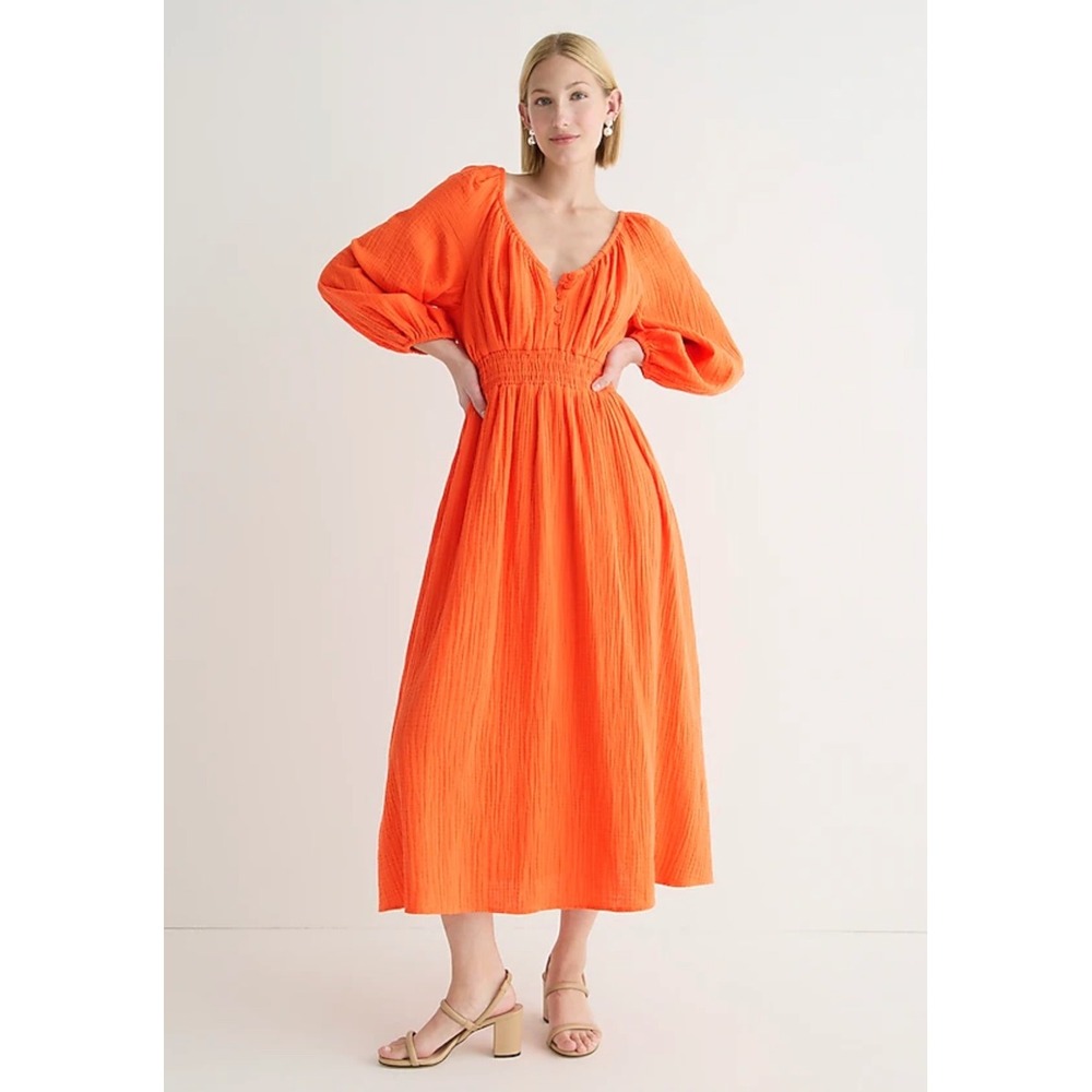 NWT J.‎ Crew Orange Gauze Smocked Waist Midi Maxi Balloon Sleeve Cotton Dress XS
